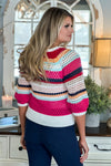 Tribal Payton 3/4 Sleeve Crochet Sweater : Poppy/Multi
