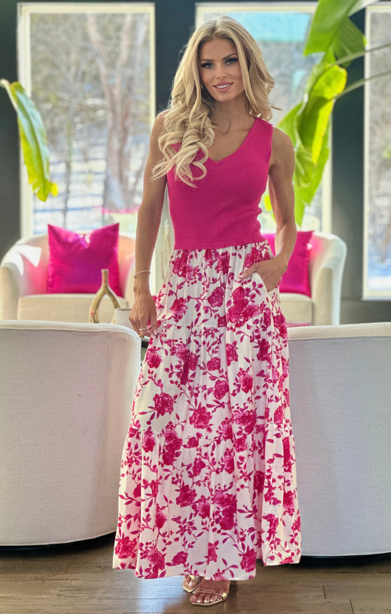 Jacira Floral Mixed Media Dress : Fuchsia