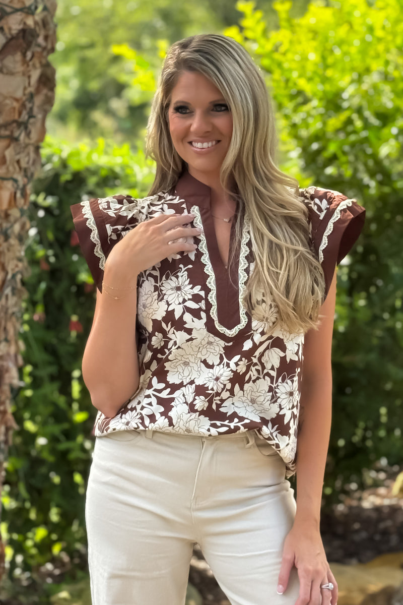 Laren Floral Print Top w/ Embroidered accents : Brown