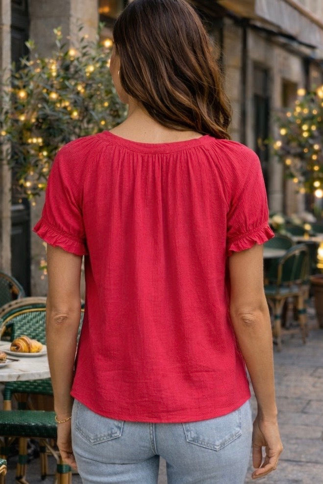 Liverpool Adrianna Short Sleeve Half Placket Woven Blouse : Cherry Rose