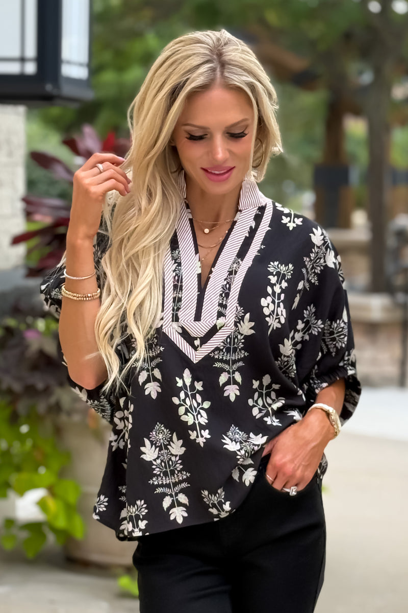 Gabbie Contrast Detail Printed Top : Black
