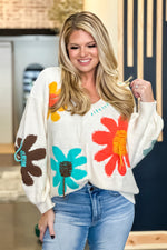 Carefree Style Threaded Detail Floral Sweater : Ivory/Multi