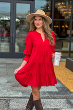 Addo V neck tiered Dress : Red