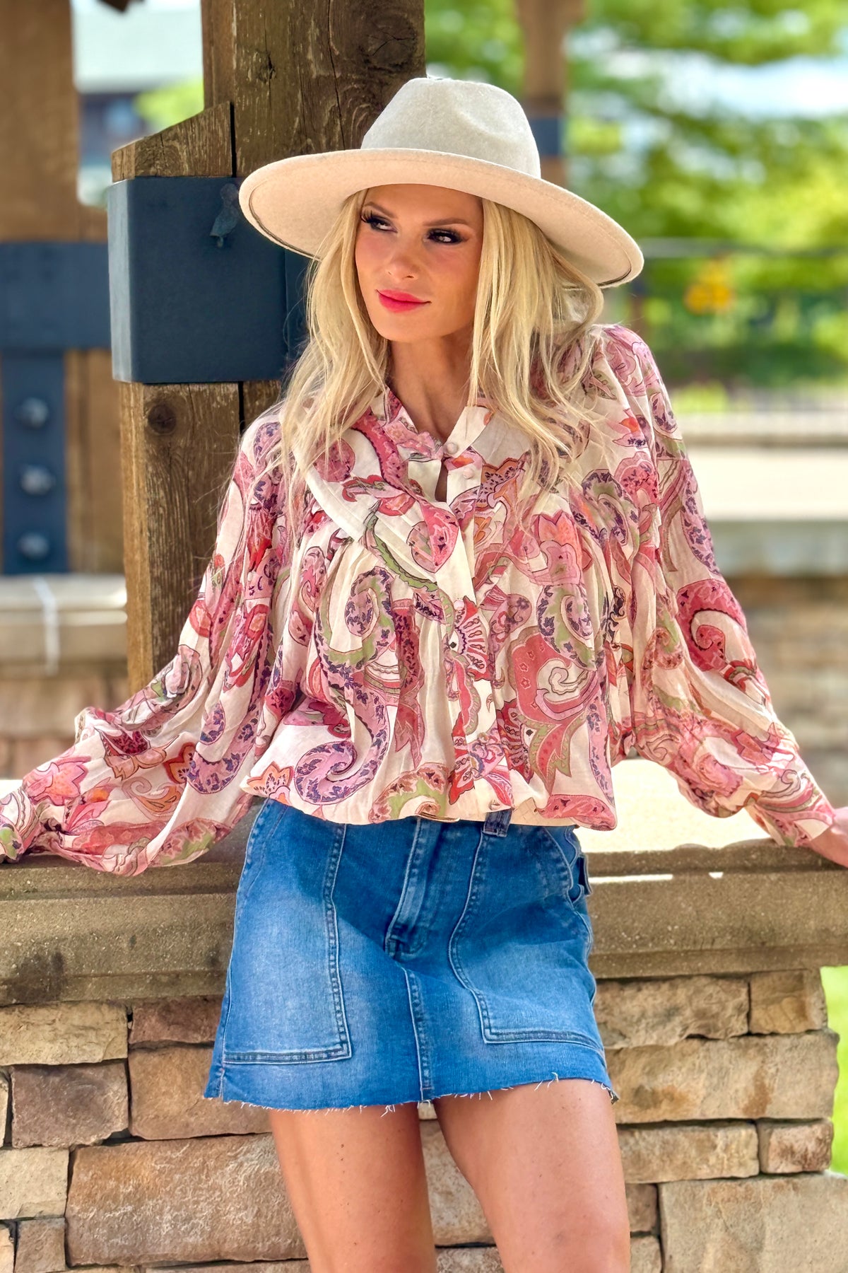 Addie Paisley Print Bubble Sleeve Top : Candy Coral