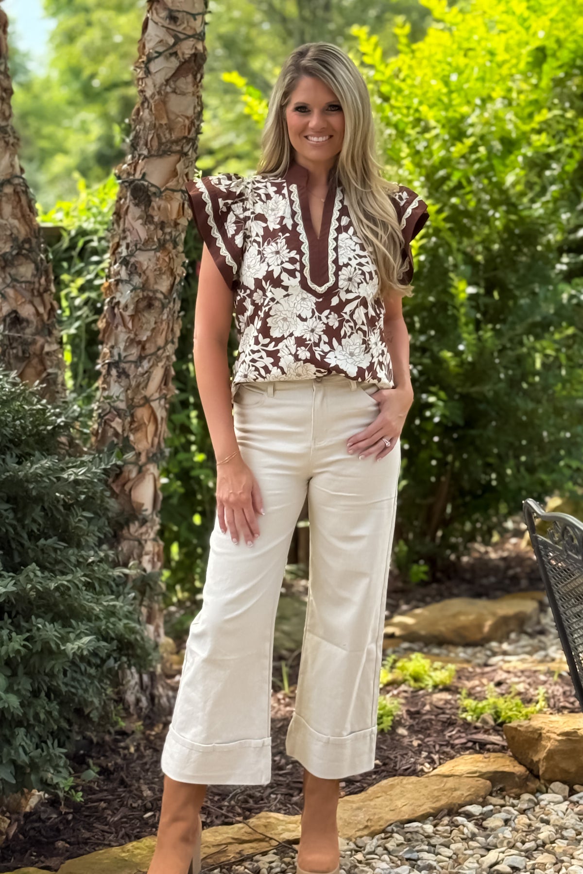 Laren Floral Print Top w/ Embroidered accents : Brown