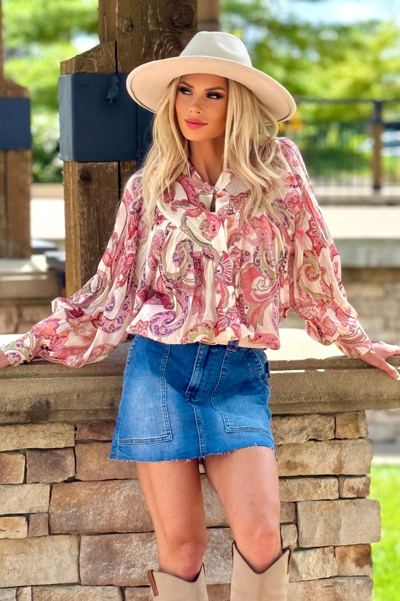 Addie Paisley Print Bubble Sleeve Top : Candy Coral