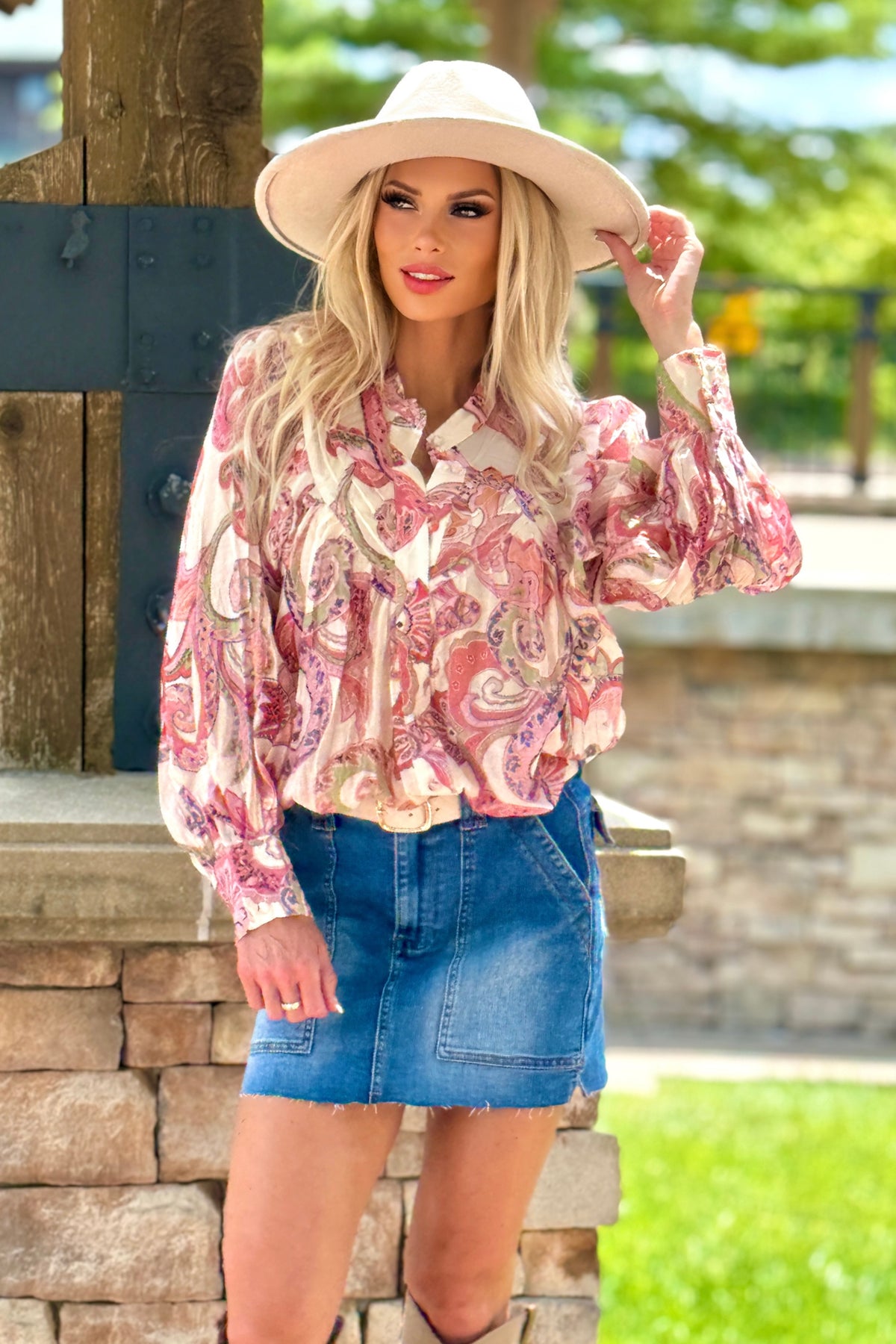 Addie Paisley Print Bubble Sleeve Top : Candy Coral