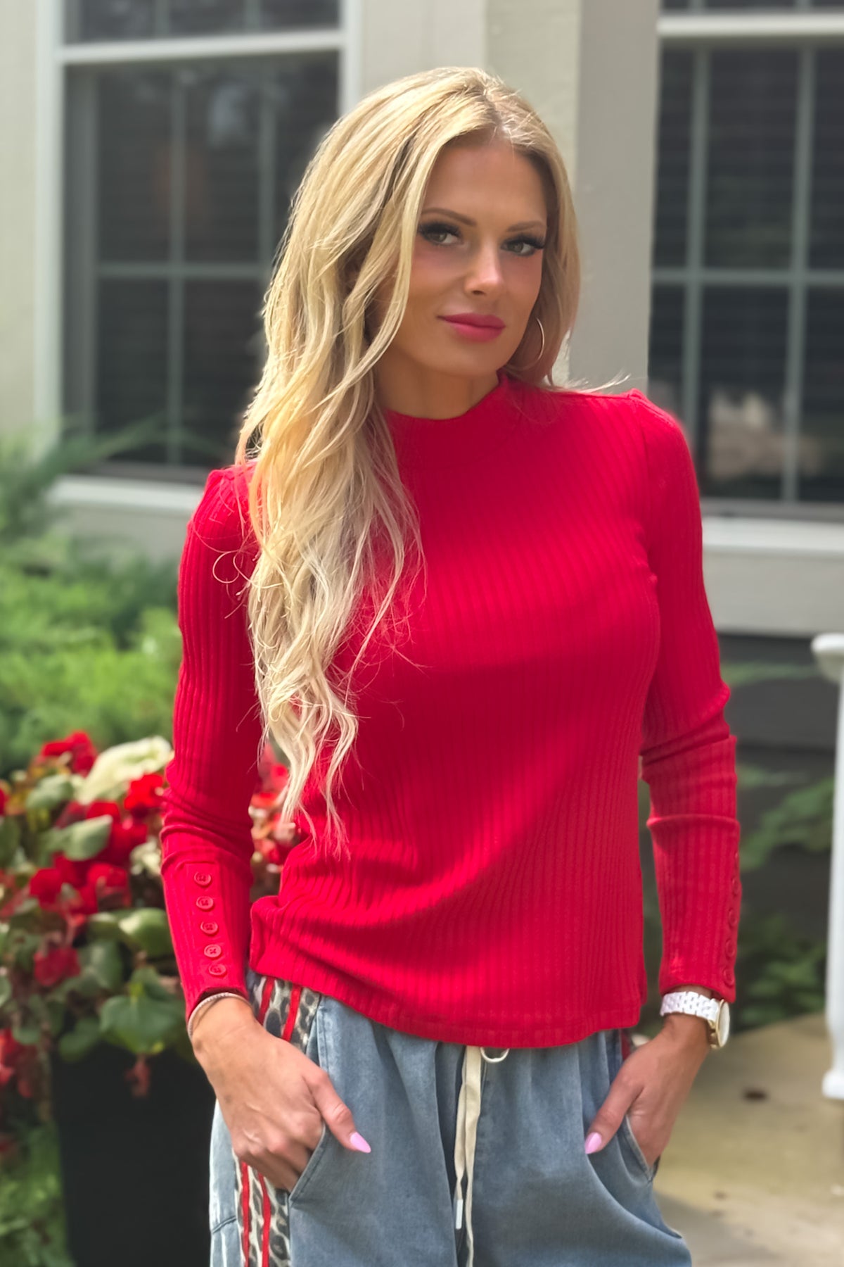 Liverpool Libbie L/S Mock Knit Top : Tango Red