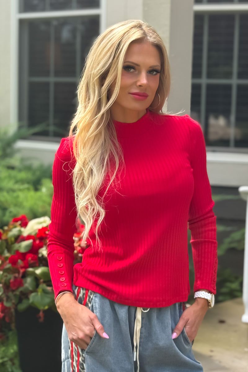 Liverpool Libbie L/S Mock Knit Top : Tango Red