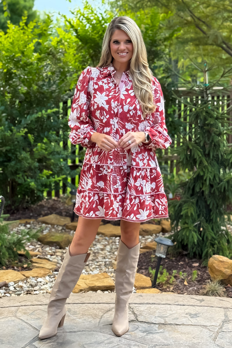 Katlynne Floral Print Tiered Dress : Brick
