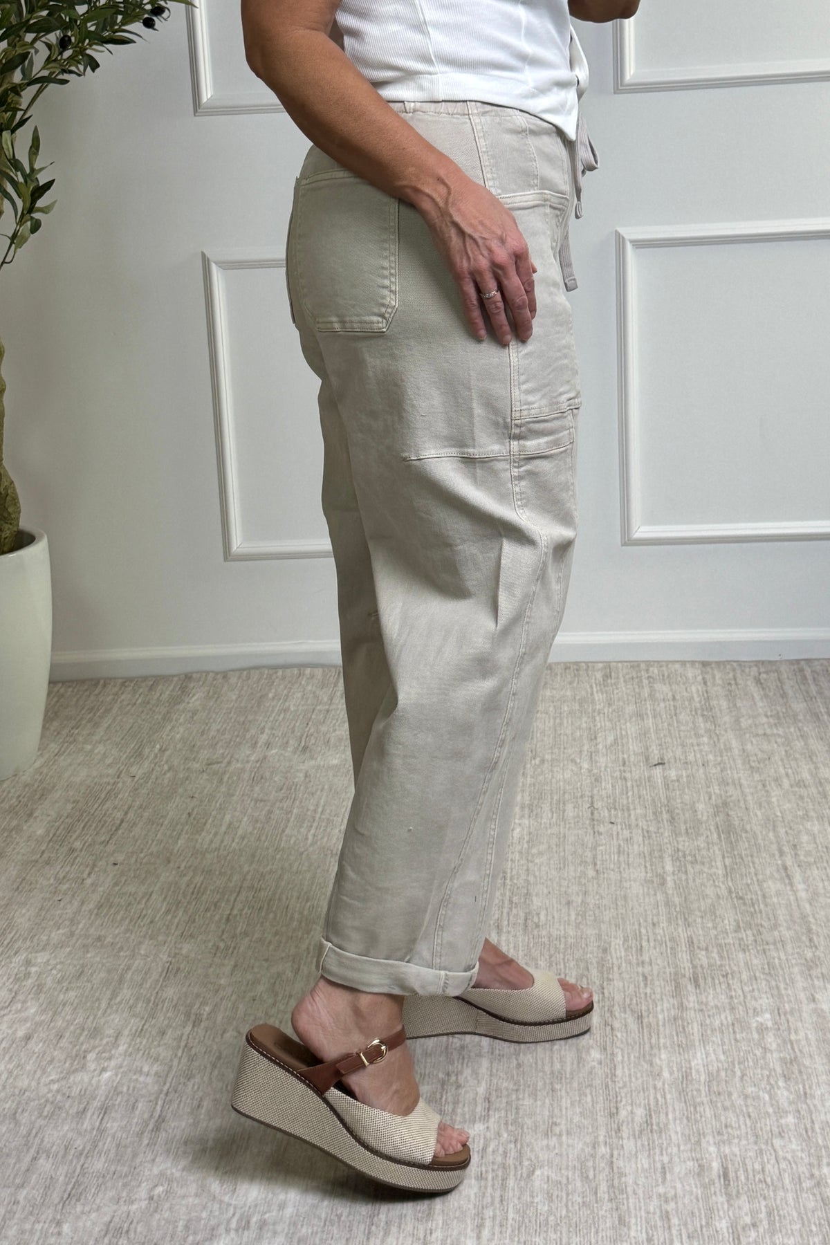 Risen Mara High Rise-Crop Wide Barrel Cargo Pocket Cuffed Jeans : Almond