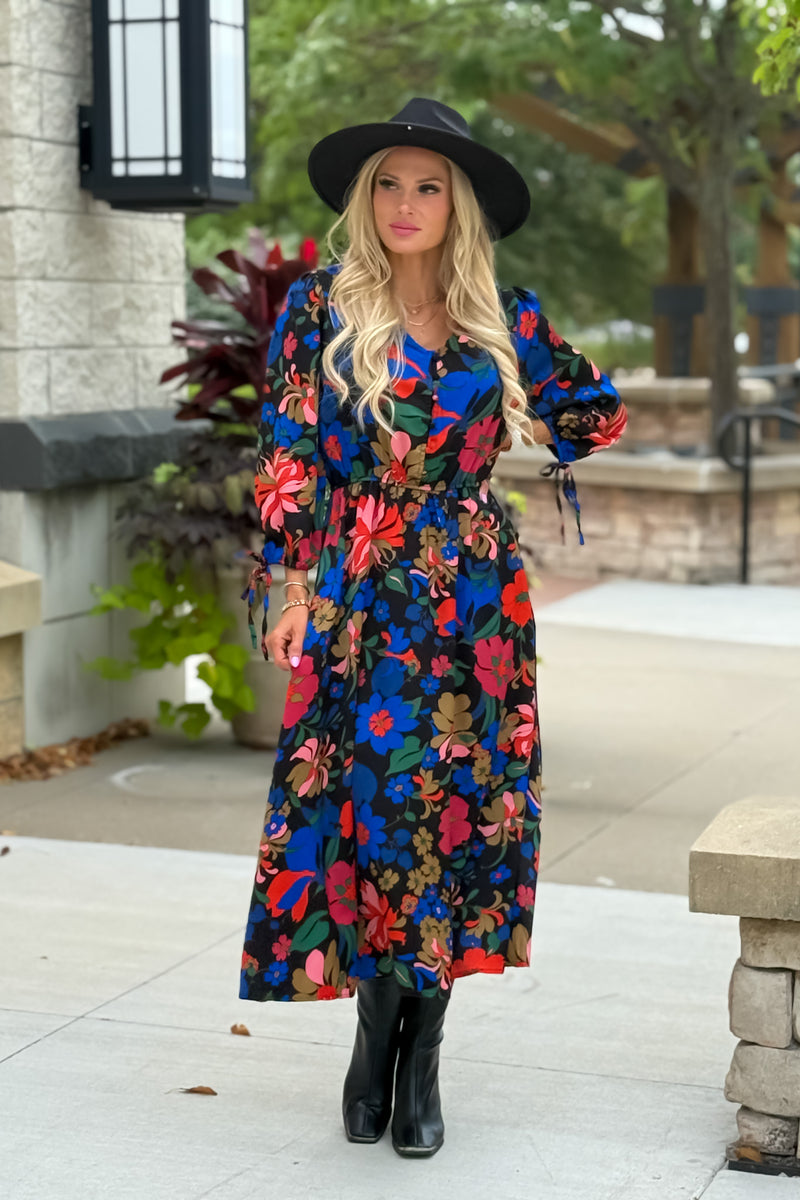 Caris Floral Print Dress : Black