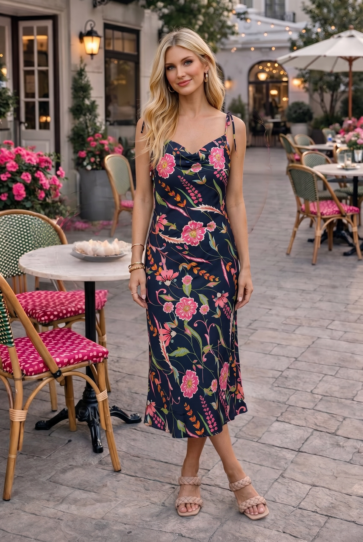 Shayna Tie Strap Floral Pattern Dress : Navy