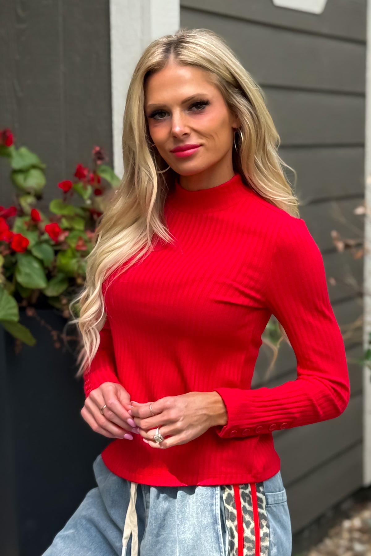 Liverpool Libbie L/S Mock Knit Top : Tango Red