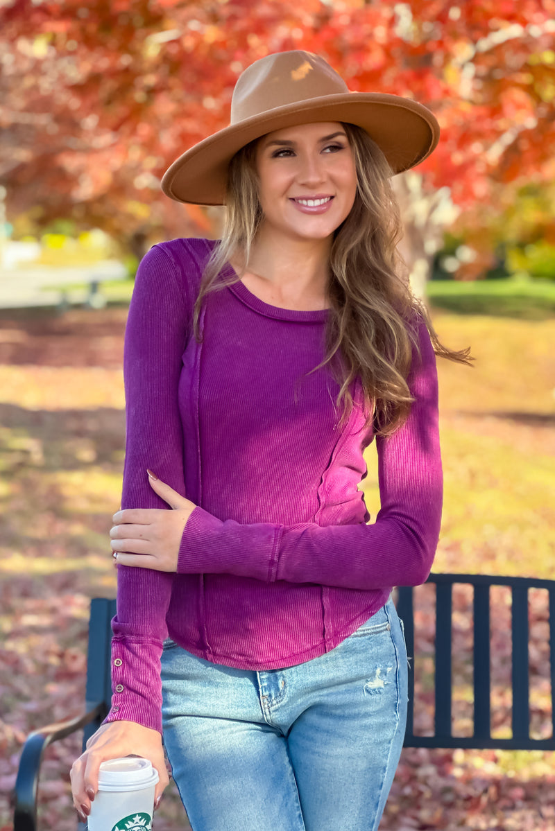 Elodie Boat Neck Washed Rib Top : Grape