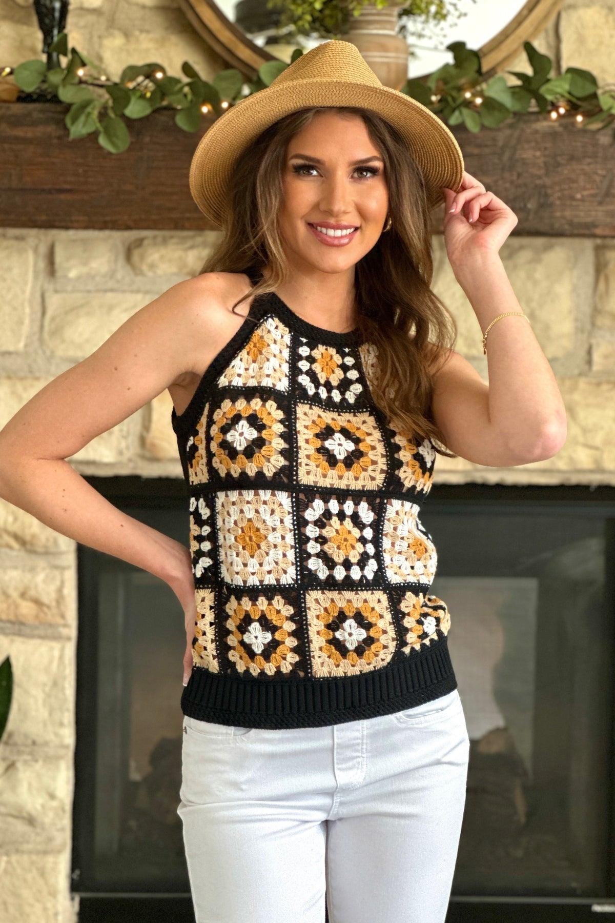 Tribal Reiko Crochet Halter Sweater Tank : Black