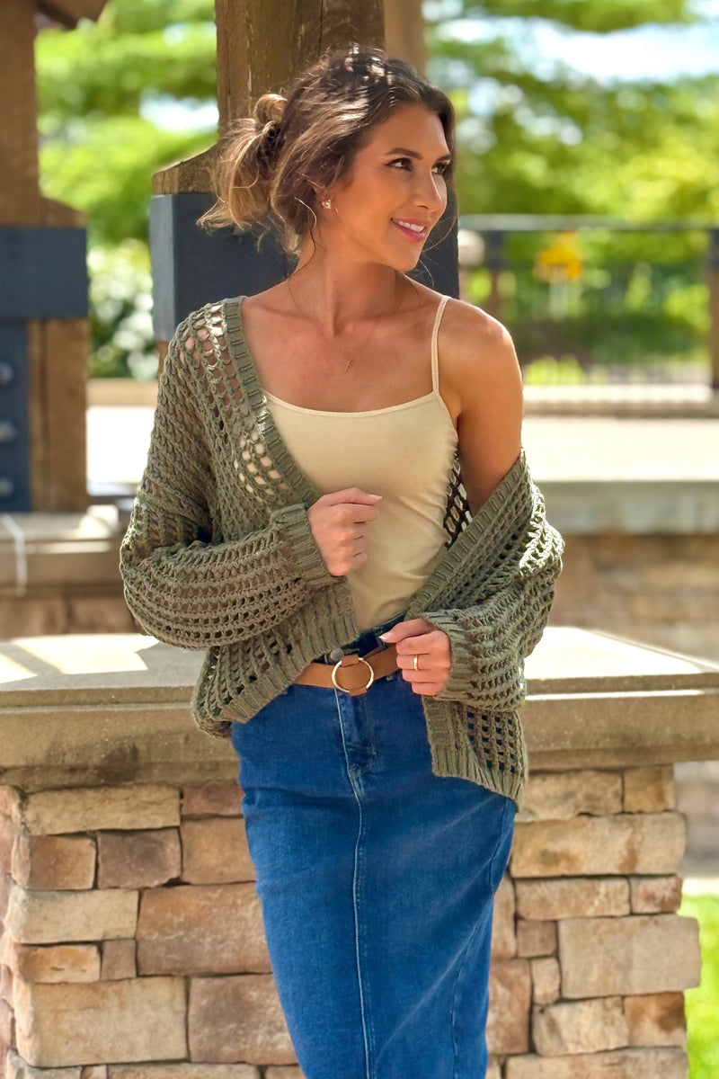 Antonia Crochet Cropped Cardigan : Lt. Olive