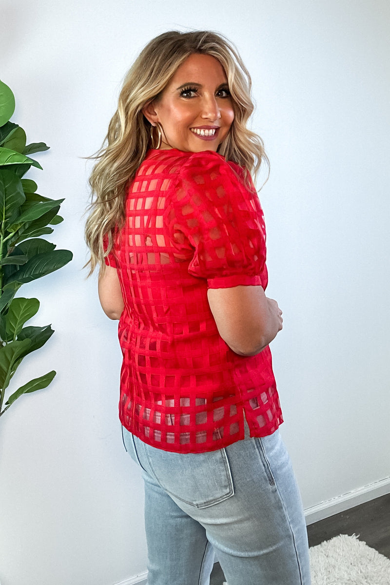 English Factory Emersyn Plaid Sheer Puff Sleeve Top : Red