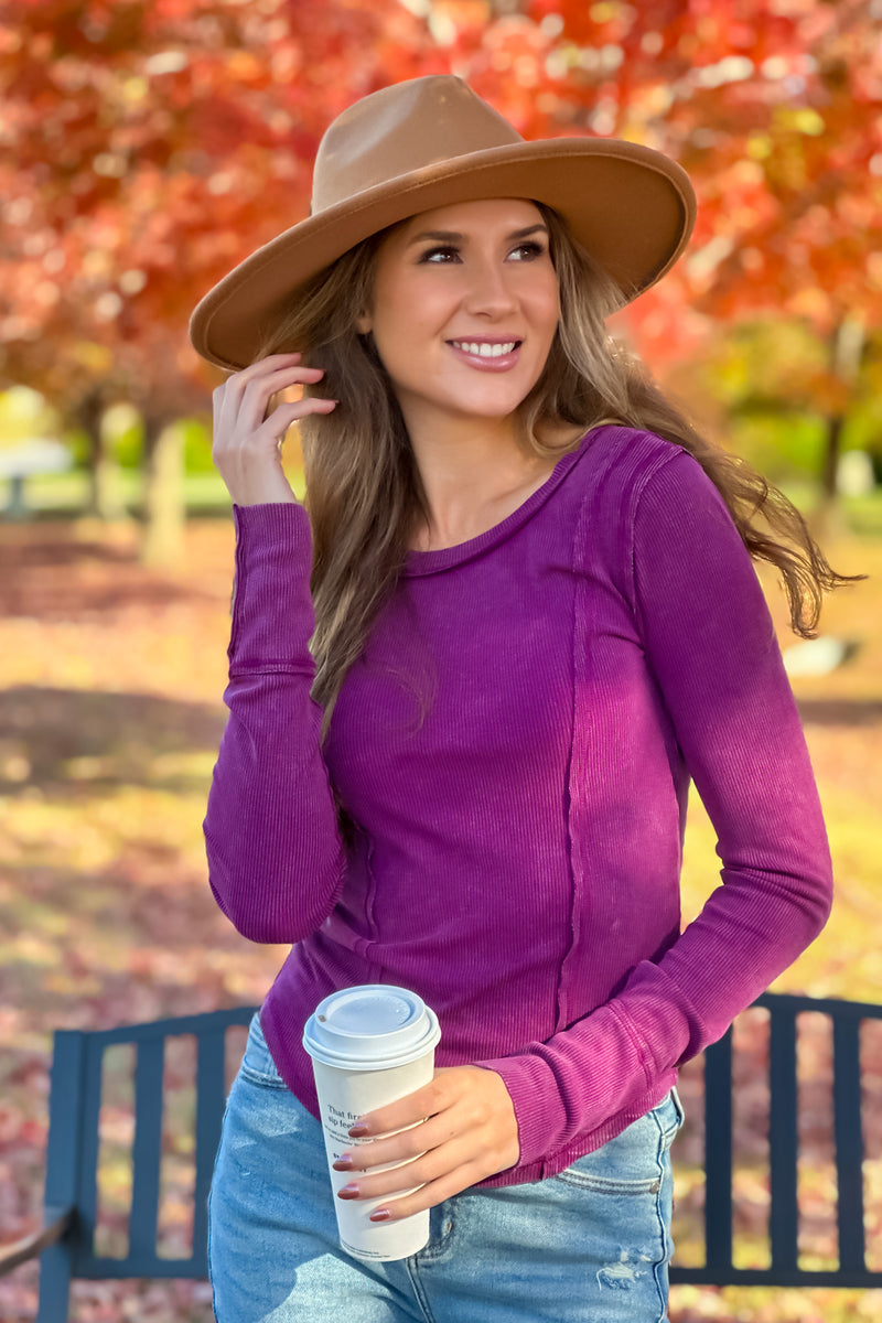 Elodie Boat Neck Washed Rib Top : Grape