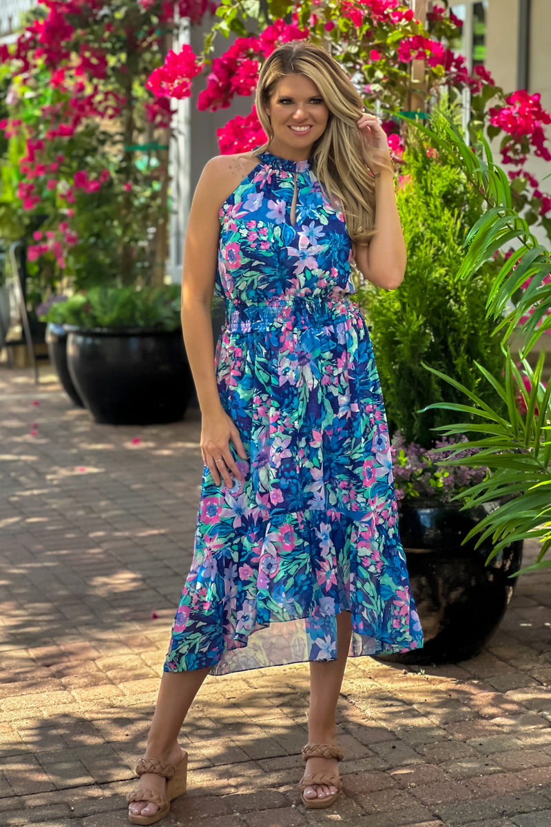 Reili Haulter Neck Midi Dress : Pink/Blue