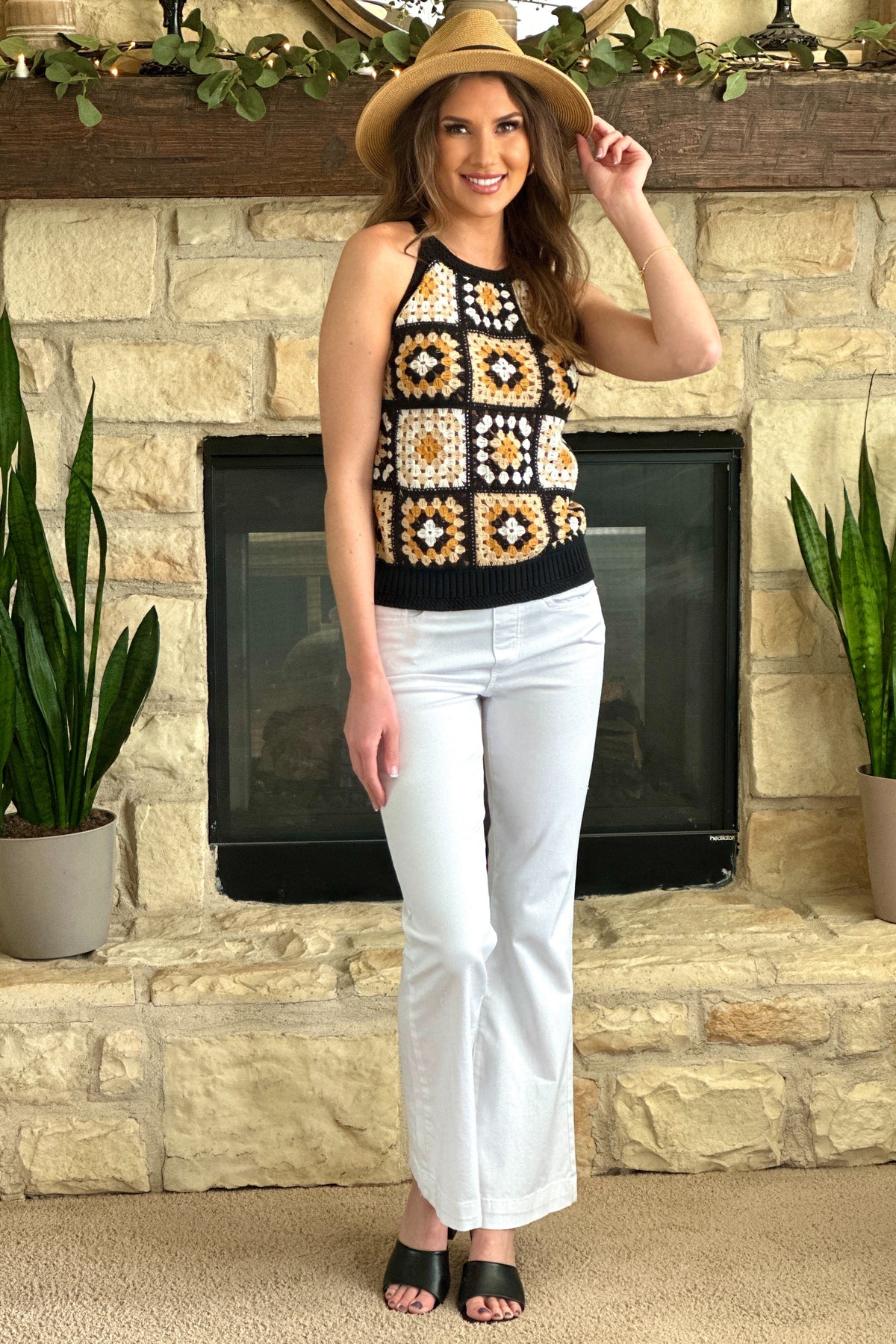 Tribal Reiko Crochet Halter Sweater Tank : Black