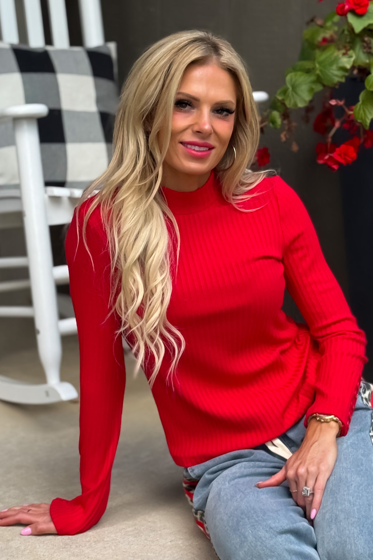 Liverpool Libbie L/S Mock Knit Top : Tango Red
