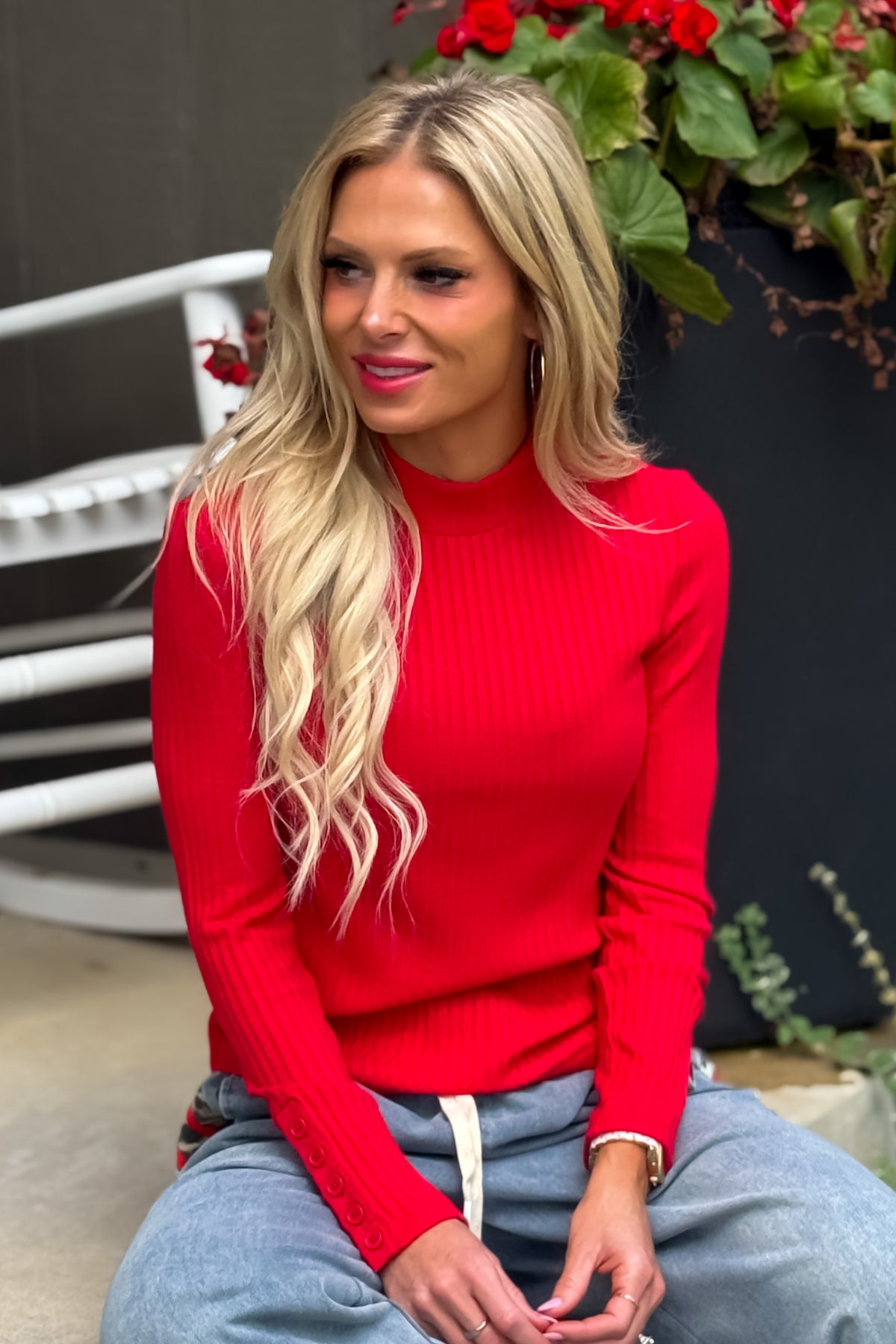 Liverpool Libbie L/S Mock Knit Top : Tango Red