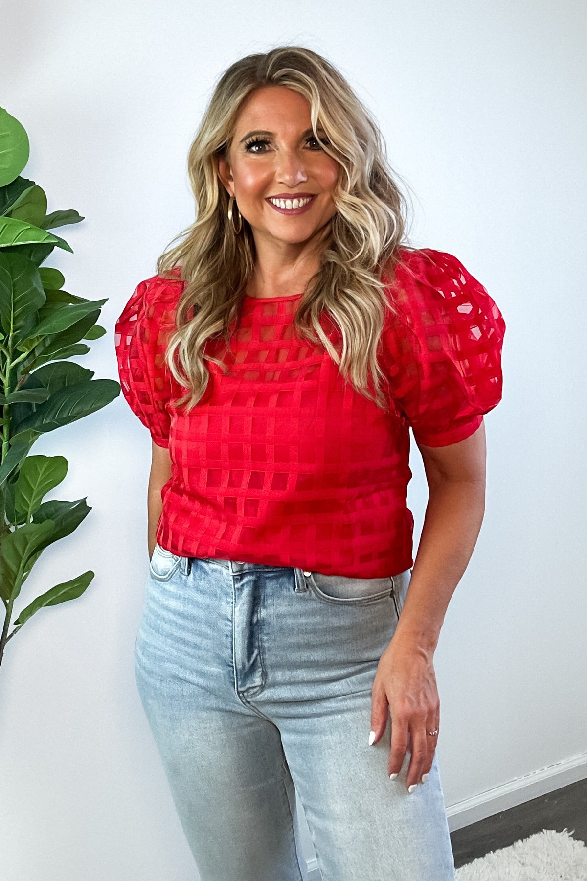 English Factory Emersyn Plaid Sheer Puff Sleeve Top : Red