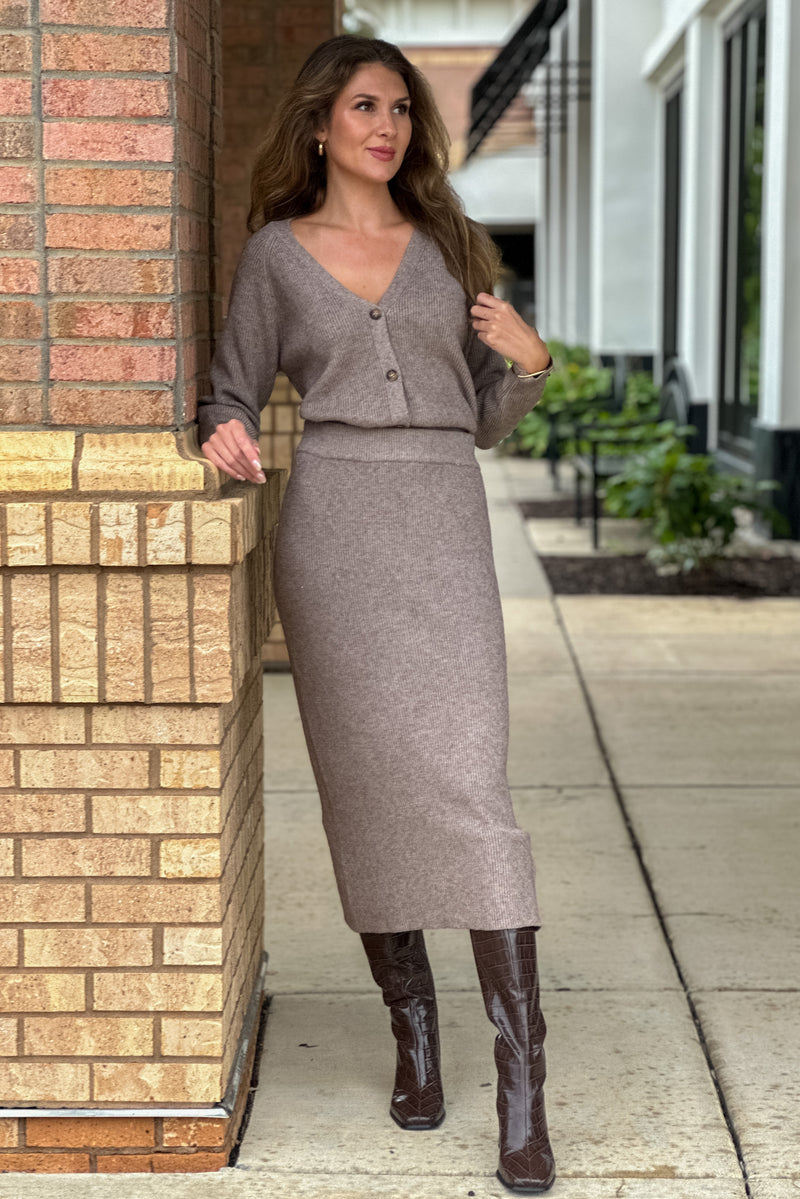 Kindra Ribbed Sweater/ Skirt Combo : Mocha