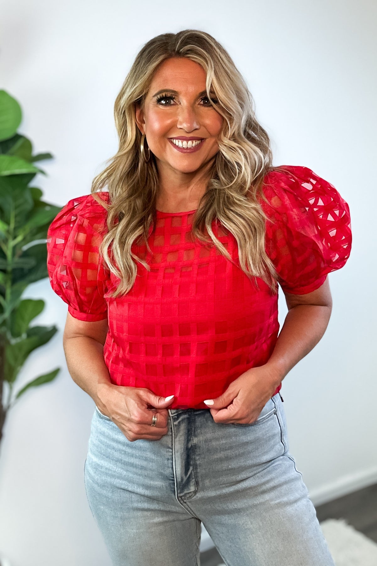 English Factory Emersyn Plaid Sheer Puff Sleeve Top : Red
