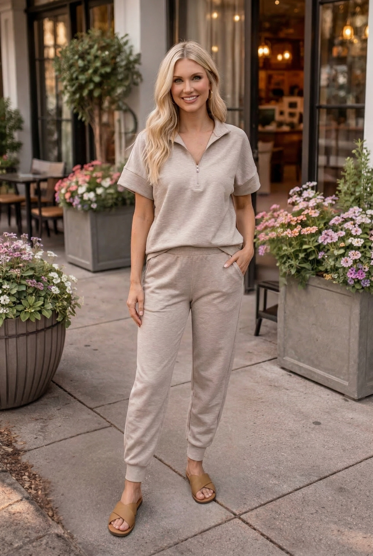 Corinne Quarter Zip Short Sleeve Top : Taupe