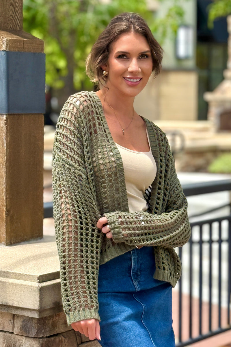 Antonia Crochet Cropped Cardigan : Lt. Olive