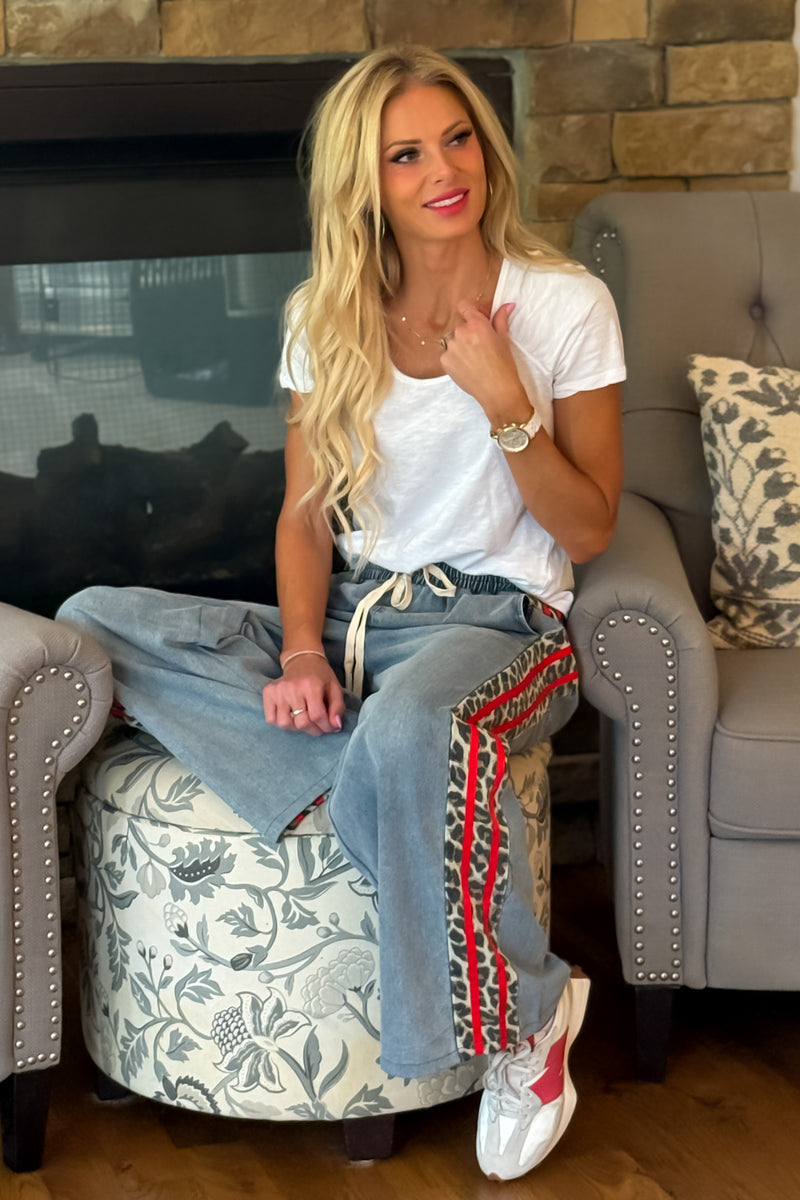Jodifl Lilijana Leopard Accent Striped Jean : Red/Denim