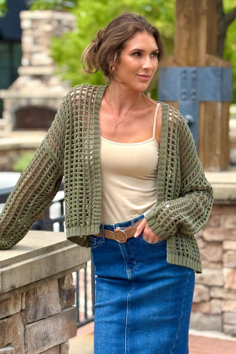 Antonia Crochet Cropped Cardigan : Lt. Olive