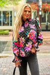 Blossoming Beauty Floral Smocked Ruffle Neck Top : Black/Multi