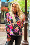 Blossoming Beauty Floral Smocked Ruffle Neck Top : Black/Multi