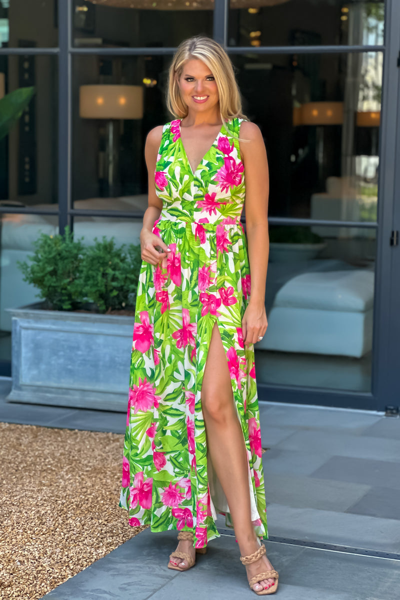 Into The Tropics Double V Neck Maxi Dress : Green/Pink