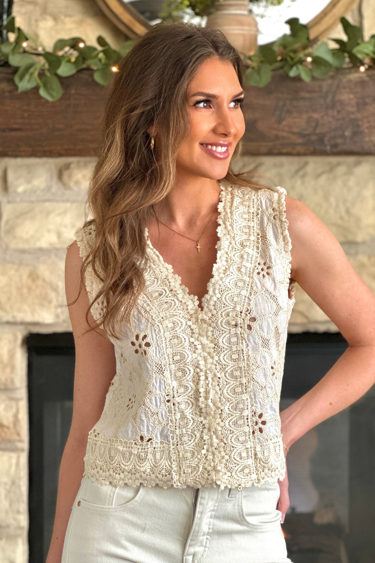 Michiko Floral Lace Button Up Vest : Cream