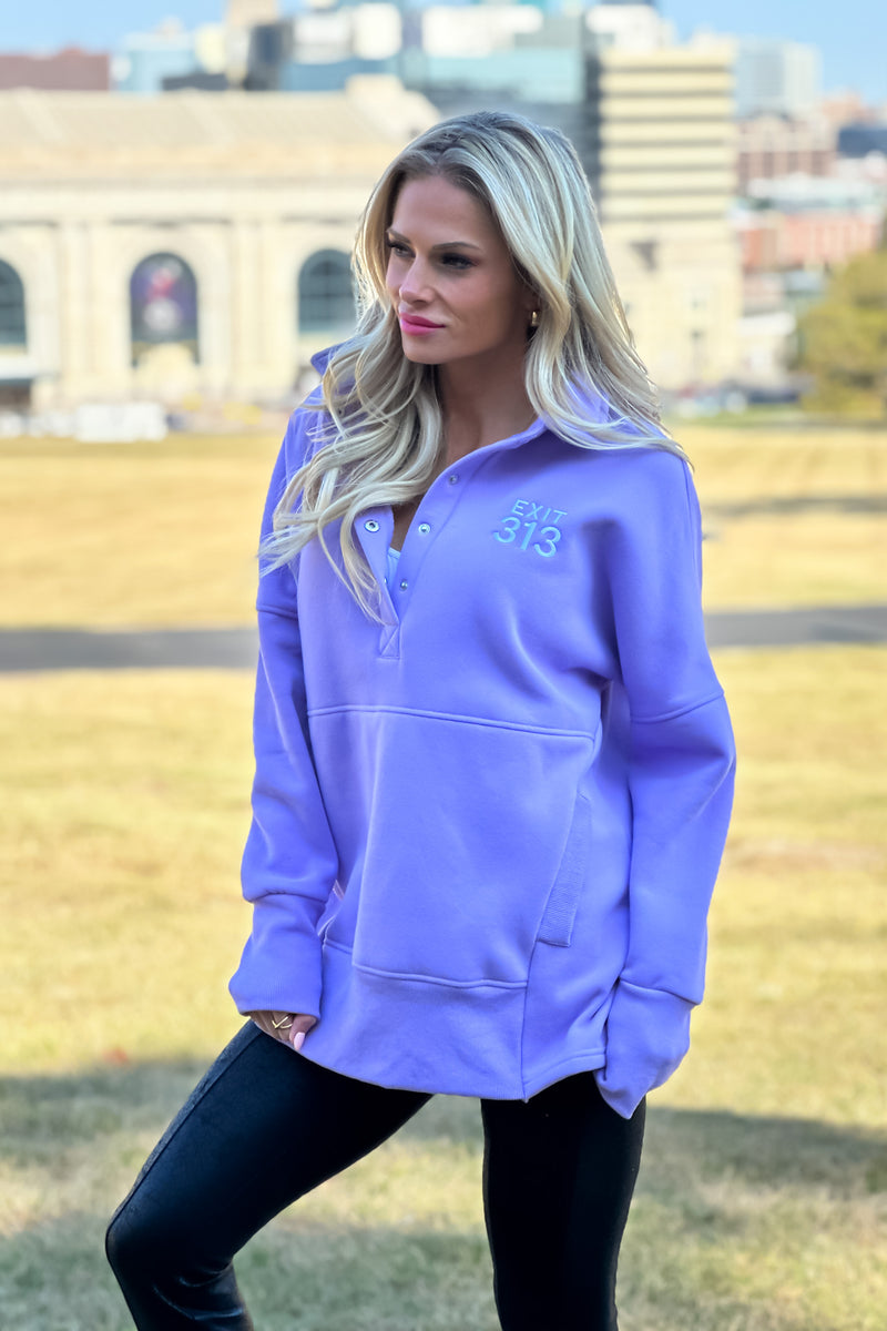 Lula Fleece Embroidered Exit 313 Snap : Lavender