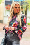 Blossoming Beauty Floral Smocked Ruffle Neck Top : Black/Multi