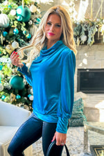 Favorite Day Velvet Cowl Neck Ruched Top : Peacock Blue