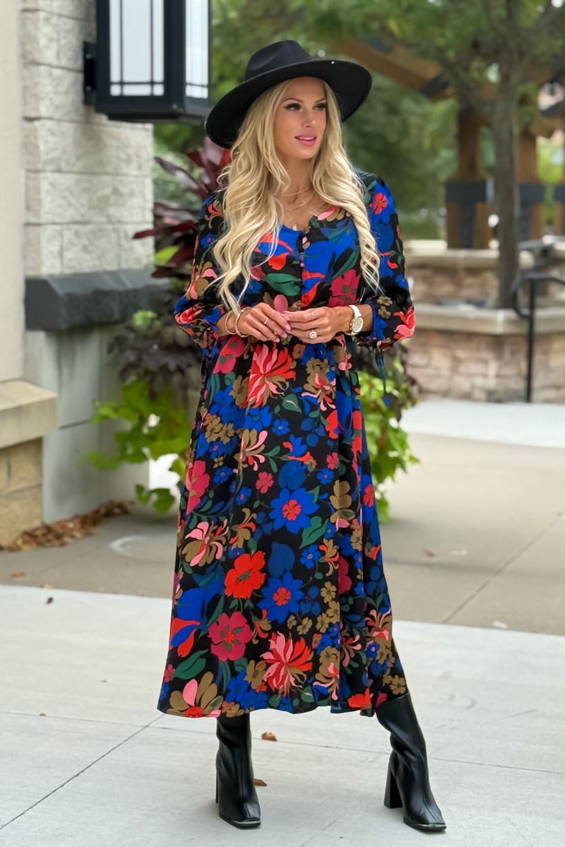 Caris Floral Print Dress : Black