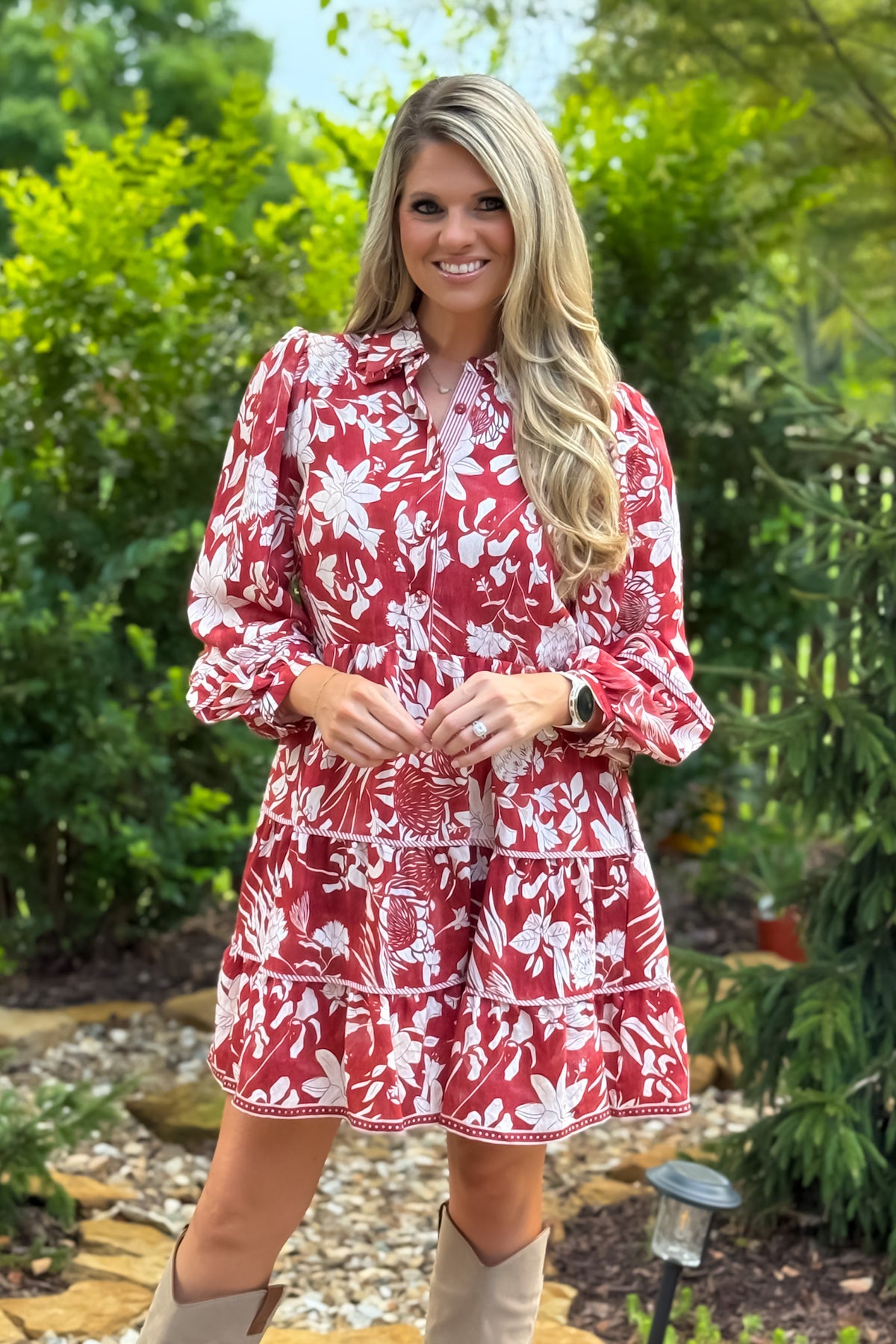 Katlynne Floral Print Tiered Dress : Brick