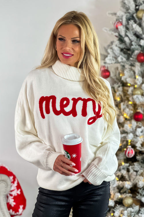 Merry Dolman Sleeve Turtleneck Sweater : Ivory/Red