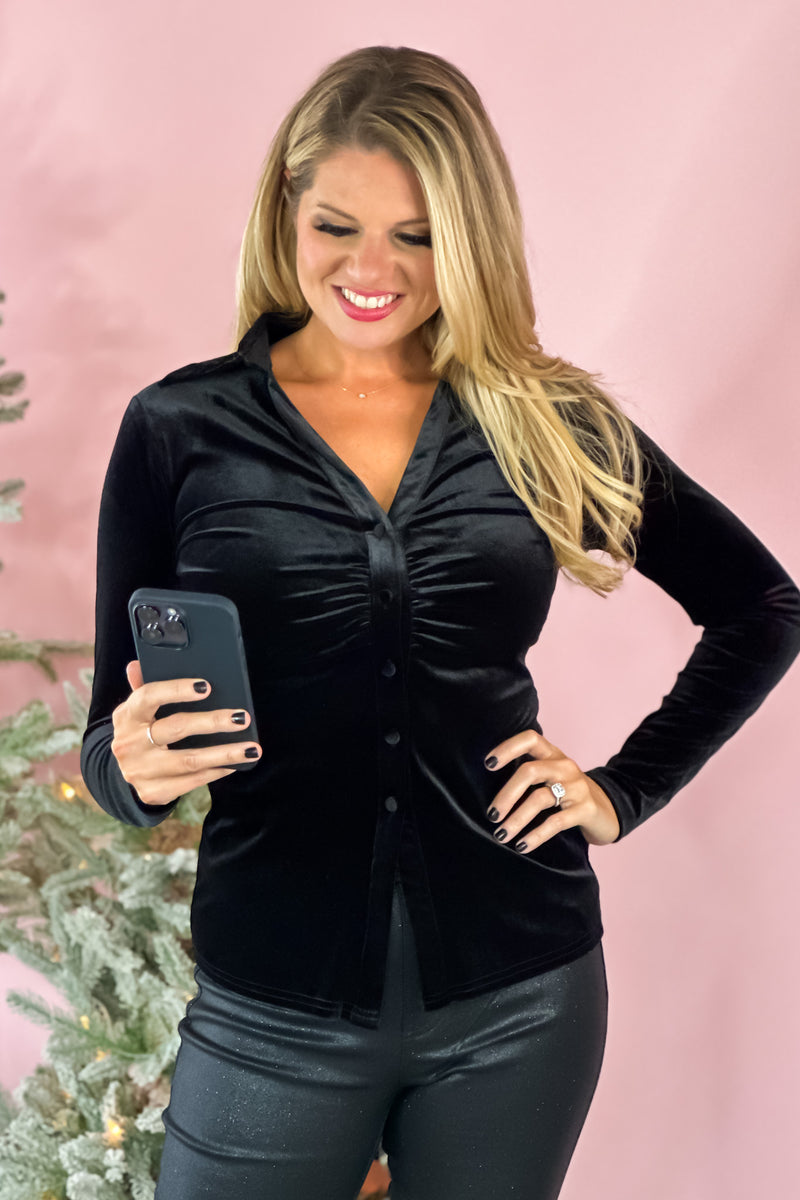 Center Of Attention Velvet Ruched Button Down Shirt : Black