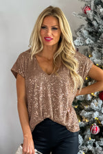Not Afraid To Sparkle Sequined V-Neck Top : Cocoa