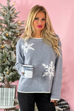Snowflake Sips Crew Neck Sweater : Grey/Ivory