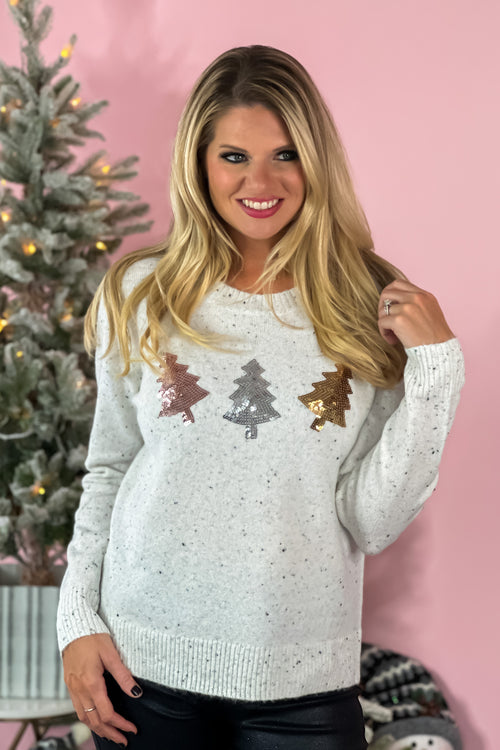 Sequined Holiday Tree Speckled Sweater : Off White/Black/Metal