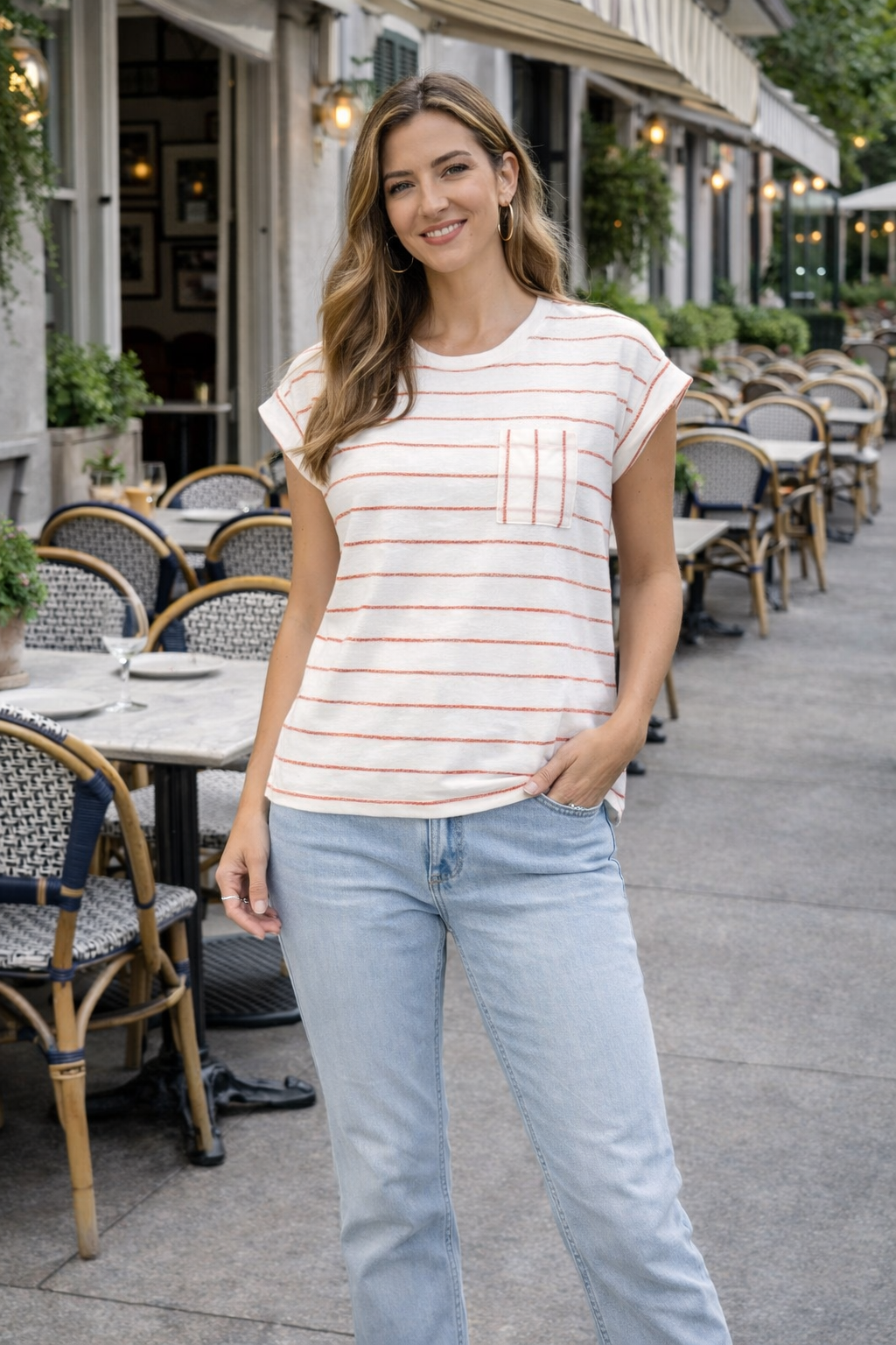 Melanie Short Sleeve Striped Top : Ivory/Peach