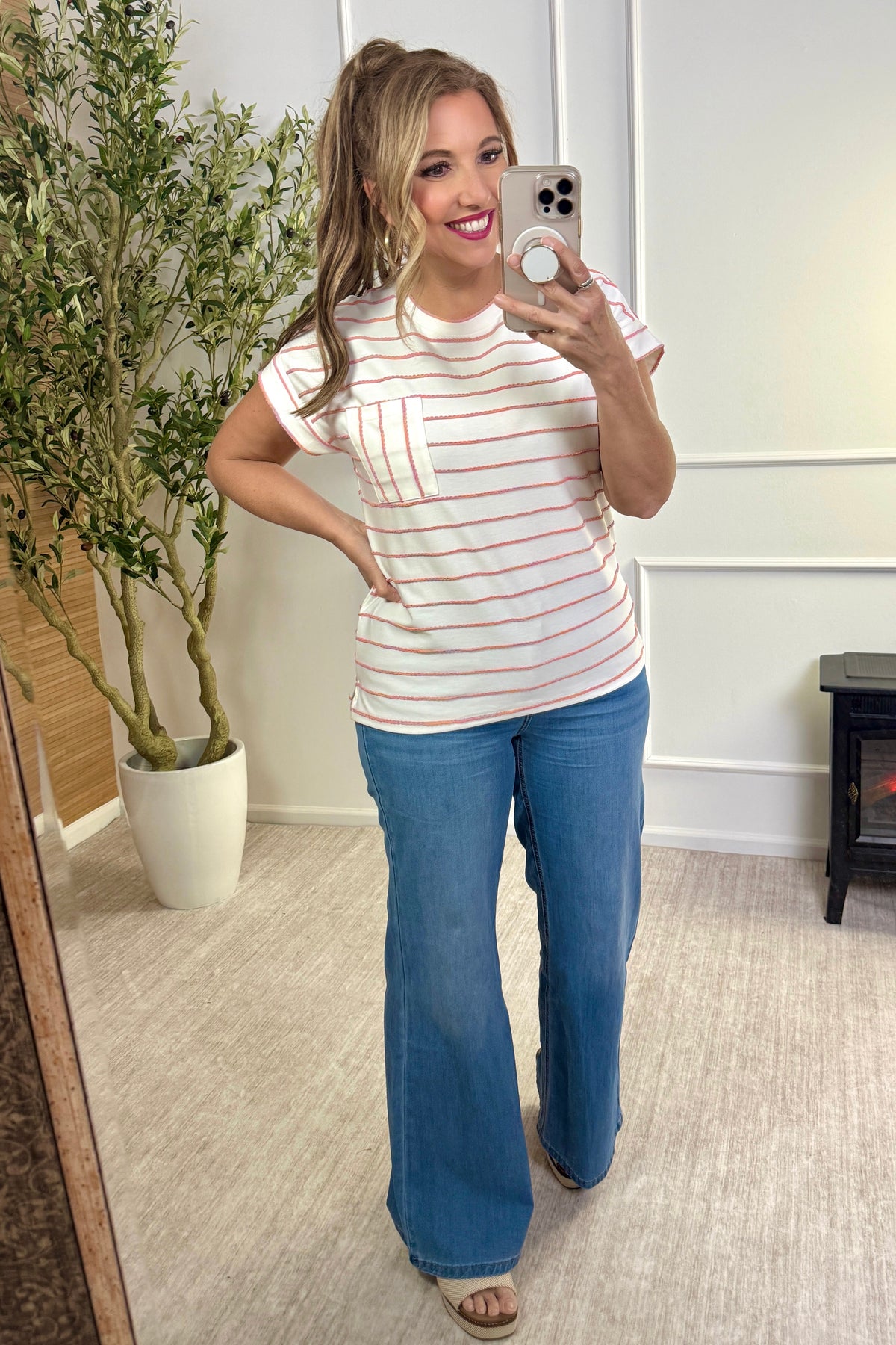 Melanie Short Sleeve Striped Top : Ivory/Peach